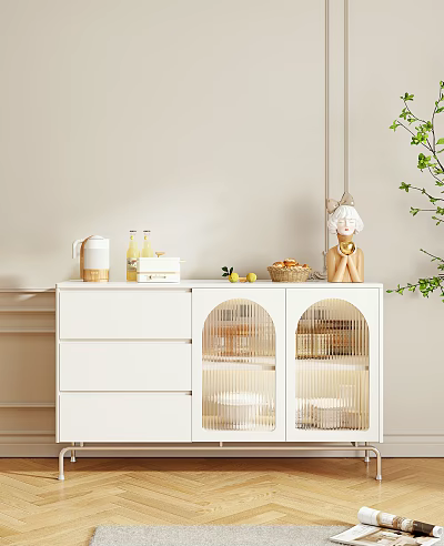 Stylish White Sideboard With Drawers Glass Doors And Decorative Fruits Kettle Green Plant 3d model