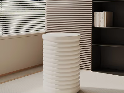 White Cylindrical Bedside Table With Wavy Texture And Black Bookshelf Near Window Blinds 3d model