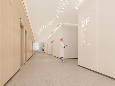 Elevator Hallway Featuring 2F Sign Wooden Walls Ceiling Lights And Medical Staff In White Coat 3d model