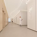 Elevator Hallway Featuring 2F Sign Wooden Walls Ceiling Lights And Medical Staff In White Coat