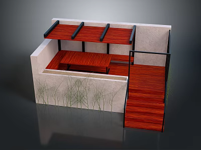 Outdoor Lounge Design Featuring Wooden Deck White Walls Black Canopy Green Plants And Staircase 3d model