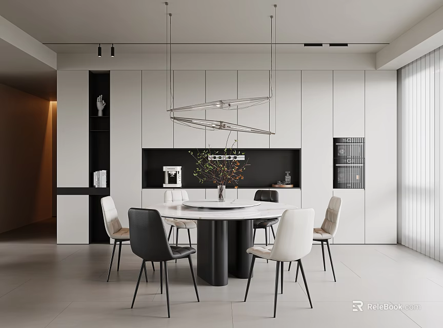 Modern Restaurant Interior With Round Dining Table And Hanging Light Fixture 3d model 