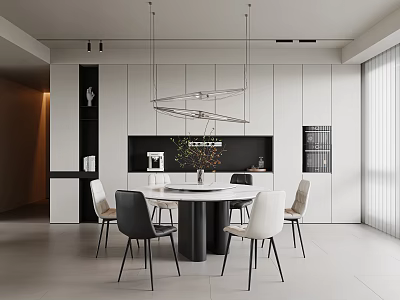 Modern Restaurant Interior With Round Dining Table And Hanging Light Fixture 3d model