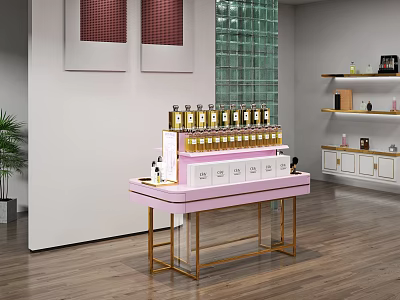 Pink Display Shelf With Golden Bottles White Boxes And Golden Frame On Wooden Floor 3d model