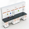 Laboratory Workbench Setup With White Cabinets Drawers And Colorful Beakers