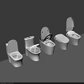 White Toilets Five Different Styles Arranged Against Gray Wall With Some Lids Open And Closed