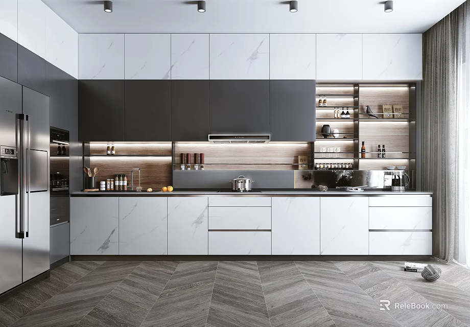 Modern Kitchen Interior Design With White Black Cabinets Marble Countertops And Appliances 3d model 