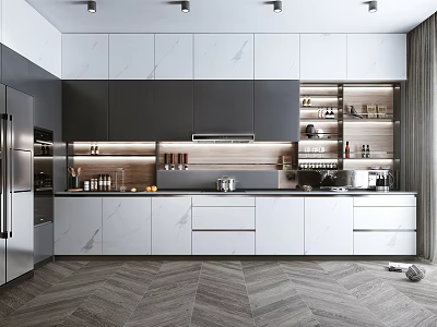 Modern Kitchen Interior Design With White Black Cabinets Marble Countertops And Appliances 3d model