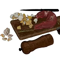Raw Meat with Chopped Mushrooms Eggs Garlic and Sauce on Wooden Cutting Board