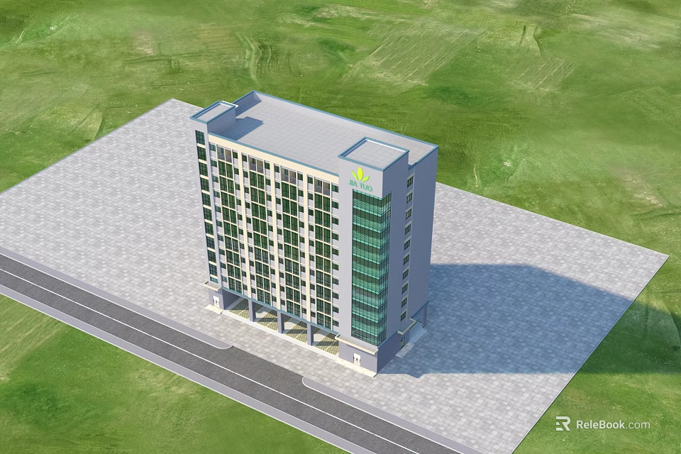 Multi Storey Industrial Factory Building With Large Windows And Green Grass Area 3d model 