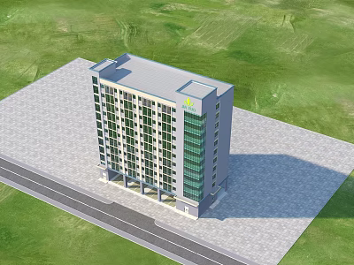 Multi Storey Industrial Factory Building With Large Windows And Green Grass Area 3d model