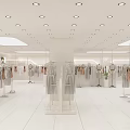 Modern Fashion Retail Counter In Shopping Mall With Mannequins Hanging Clothes And Bright