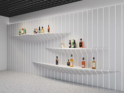White Horizontal Striped Wall Wine Display Shelves With Colorful Bottles 3d model