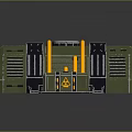 Industrial Green Sci Fi Structure With Yellow Pipes Black Warning Stripes Circular Vents And Metallic Hatch