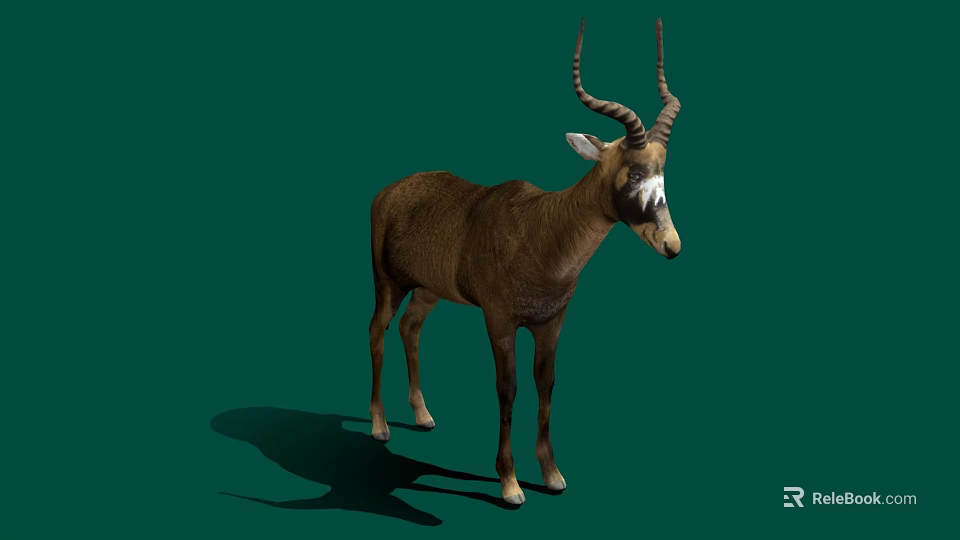 Realistic Brown Antelope With Curved Horns Standing On Green Background 3d model 