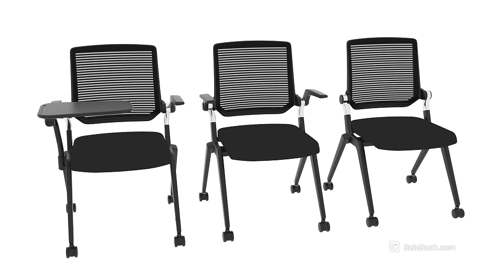 Black Mesh Back Office Chair With Armrests Foldable Side Table And Wheeled Casters 3d model 