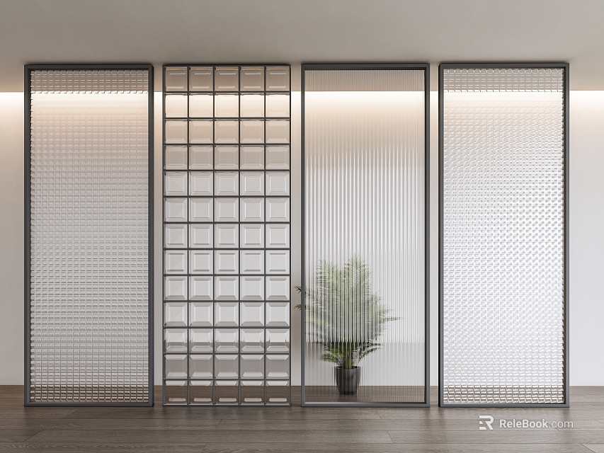 Modern Room Divider Design With Metal Frame Grid Slats Transparent And Perforated Panels 3d model 
