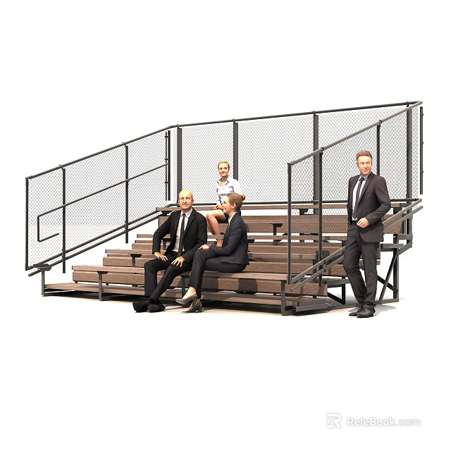 Public Bleacher Facility With Wooden Steps Metal Railings And Mesh Fencing 3d model 
