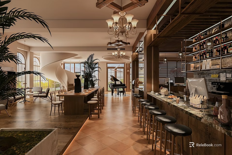 Cozy Café Interior With Chandeliers Piano Bar Stools Plants Large Windows And Wooden Decor 3d model 