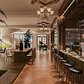 Cozy Café Interior With Chandeliers Piano Bar Stools Plants Large Windows And Wooden Decor