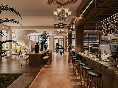 Cozy Café Interior With Chandeliers Piano Bar Stools Plants Large Windows And Wooden Decor 3d model