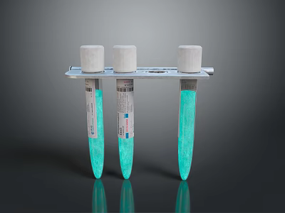 Three Test Tubes With Green Liquid And White Caps In Metal Rack 3d model