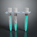Three Test Tubes With Green Liquid And White Caps In Metal Rack