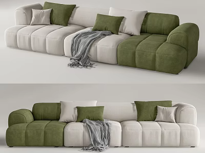 Modern Sectional Sofa with Green and Beige Plush Cushions and Cozy Throw Blanket 3d model