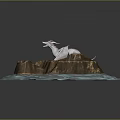 Pink And White Mythical Creatures On Rocky Island Surrounded By Blue Water Waves