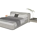 Modern Gray Double Bed With Pillows Blanket And Bedside Table Plant 3d model