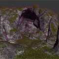 Detailed Natural Rock Formation Featuring Mossy Cave And Lush Green Grass Terrain