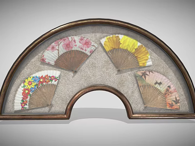 Arc Shaped Frame With Four Decorative Fans Featuring Colorful Floral Patterns 3d model