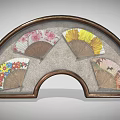 Arc Shaped Frame With Four Decorative Fans Featuring Colorful Floral Patterns