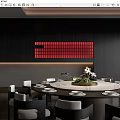 Elegant Private Dining Room Interior With Dark Wall Red Grille Round Table And Orchids 3d model