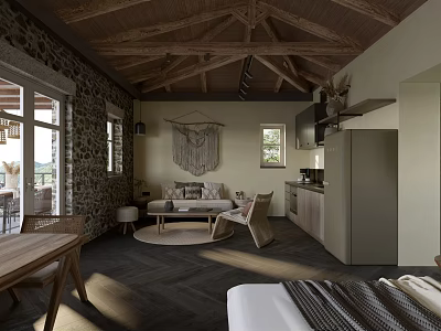 Rustic Living Space With Wooden Ceiling Beams Stone Walls Sofa Kitchen And Woven Tapestry 3d model