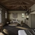 Rustic Living Space With Wooden Ceiling Beams Stone Walls Sofa Kitchen And Woven Tapestry