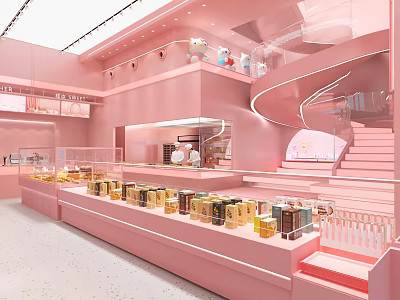 Pink Dessert Shop Interior With Display Cases Spiral Staircase Shelves Counter And Lighting 3d model