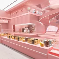Pink Dessert Shop Interior With Display Cases Spiral Staircase Shelves Counter And Lighting