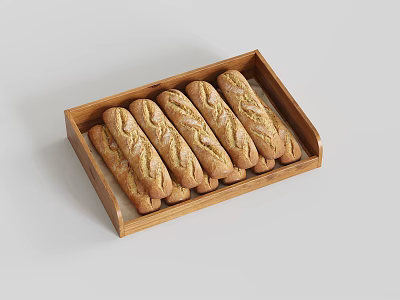 Several Long Baguette Like Bread Sticks In Wooden Tray With Surface Patterns 3d model