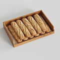 Several Long Baguette Like Bread Sticks In Wooden Tray With Surface Patterns
