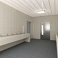 Public Restroom Interior With White Tiled Walls Gray Floor Tiles Multiple Sinks And Window 3d model