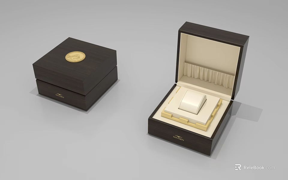 Decorative Jewelry Box Set With Open Closed Cases Gold Emblem And White Jewelry 3d model 