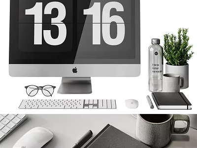 Modern Apple iMac Desktop Setup With Keyboard Mouse Notebook Plant And Mug 3d model