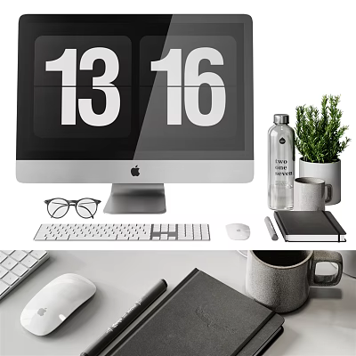 Modern Apple iMac Desktop Setup With Keyboard Mouse Notebook Plant And Mug 3d model