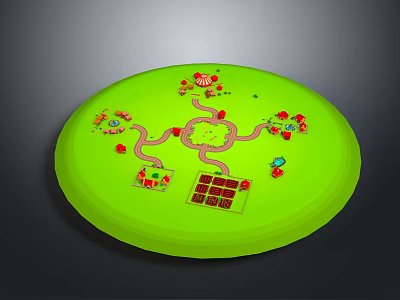 Cartoon Game Maze Scene On Green Circular Board With Colorful Mushrooms Paths And Checkerboard Pattern 3d model