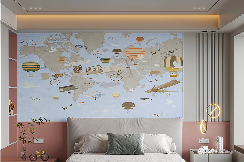 Kids Room Interior Design With World Map Wallpaper Hot Air Balloons Bicycle And Airplane Decor 3d model 
