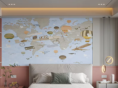 Kids Room Interior Design With World Map Wallpaper Hot Air Balloons Bicycle And Airplane Decor 3d model
