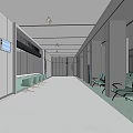 Modern Hospital Corridor With Green Waiting Chairs And Metal Wall Panels