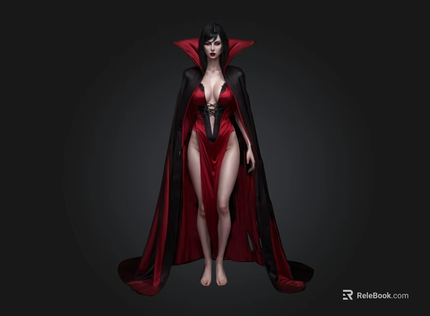 Elegant Female Figure In Red Black Cloak And Long Dress Standing Against Dark Background 3d model 