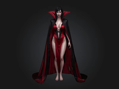 Elegant Female Figure In Red Black Cloak And Long Dress Standing Against Dark Background 3d model